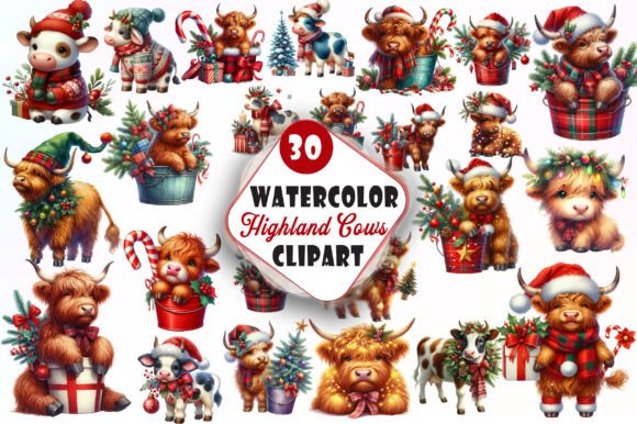 Christmas Highland Cows Clipart & Illustrations