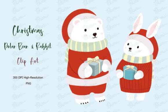 Cute Bear and Bunny Christmas Clipart Illustrations