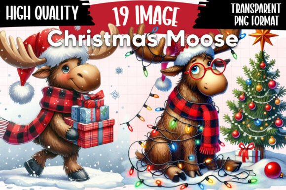Quirky Christmas Moose Clipart Bundle Illustrations