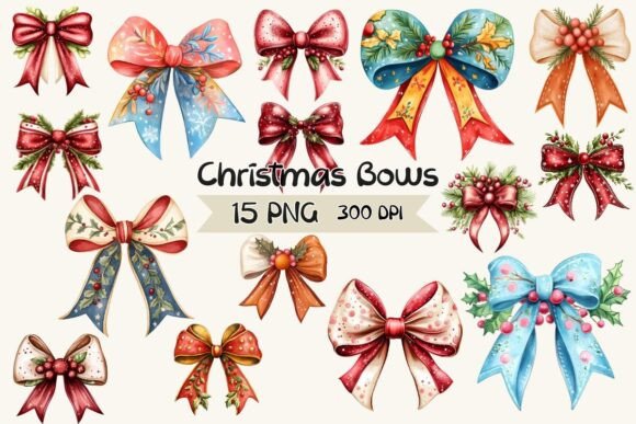 Reviewing Christmas Bows Watercolor Clipart Illustrations