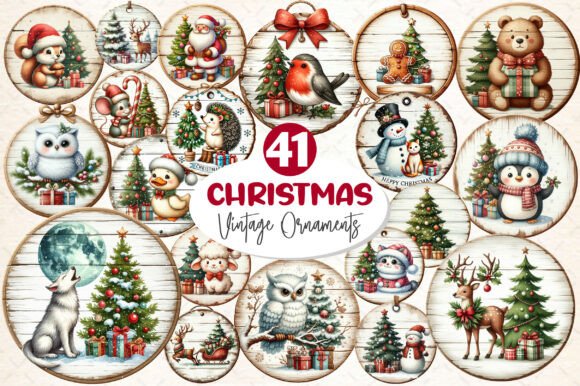 Vintage Christmas Ornaments, Animals PNG Illustrations
