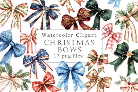 Watercolor Christmas Bows Clipart PNG: Illustrations for Branding
